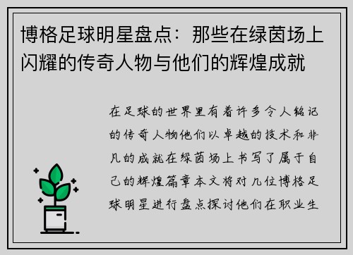 博格足球明星盘点：那些在绿茵场上闪耀的传奇人物与他们的辉煌成就
